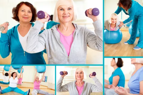 Dos mujeres mayores realizan diversos ejercicios en el gimnasio