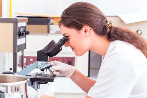 Una profesional sanitaria observa una muestra de cabello al microscopio