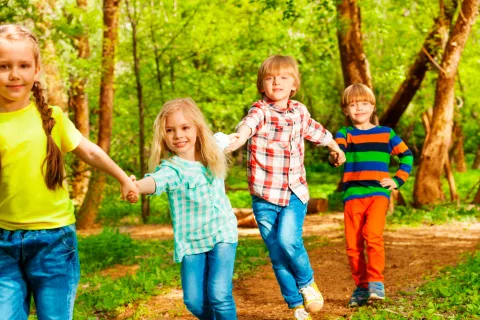 Varios niños van de la mano en el campo