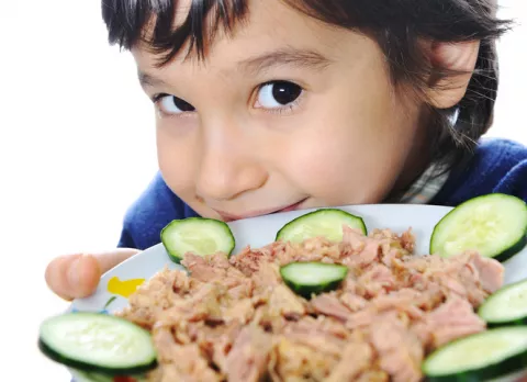 Niño con un plato de atún