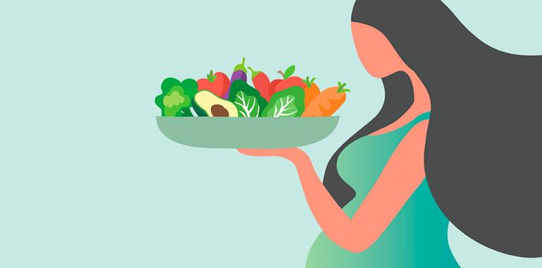 Ilustración de una mujer embarazada con una ensalada