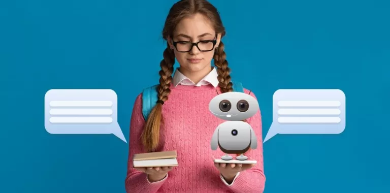 Estudiar con inteligencia artificial frente a estudiar de forma tradicional Chica estudiante con trenzas sostiene un libro y una tablet con un dibujo de IA