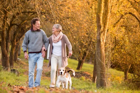 Una pareja de adultos mayores pasea con su perro por el campo