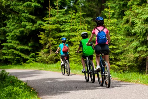 Ciclistas paseando con casco por el campo.