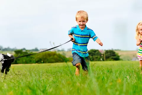 Niños corriendo al aire libre con su perro