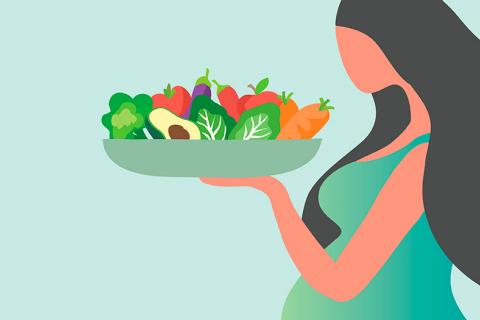 Ilustración de una mujer embarazada con una ensalada