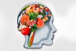Ilustración de una cabeza con alimentos de la dieta mediterránea formando el cerebro