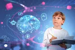 Concepto de aprendizaje analógico de competencias digitales Niño con un libro aprende conceptos digitales