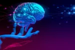 Holograma del cerebro humano que representa su estudio Mano sostiene holograma del cerebro humano