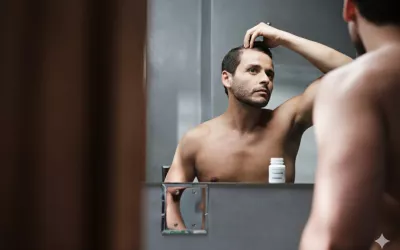 Finasterida, pérdida de cabello y salud mental Hombre de mediana edad se mira preocupado en el espejo por la pérdida de cabello